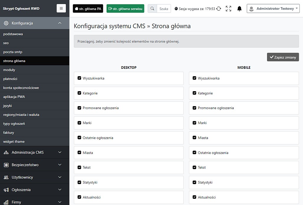 Wybierz moduły na stronę główną