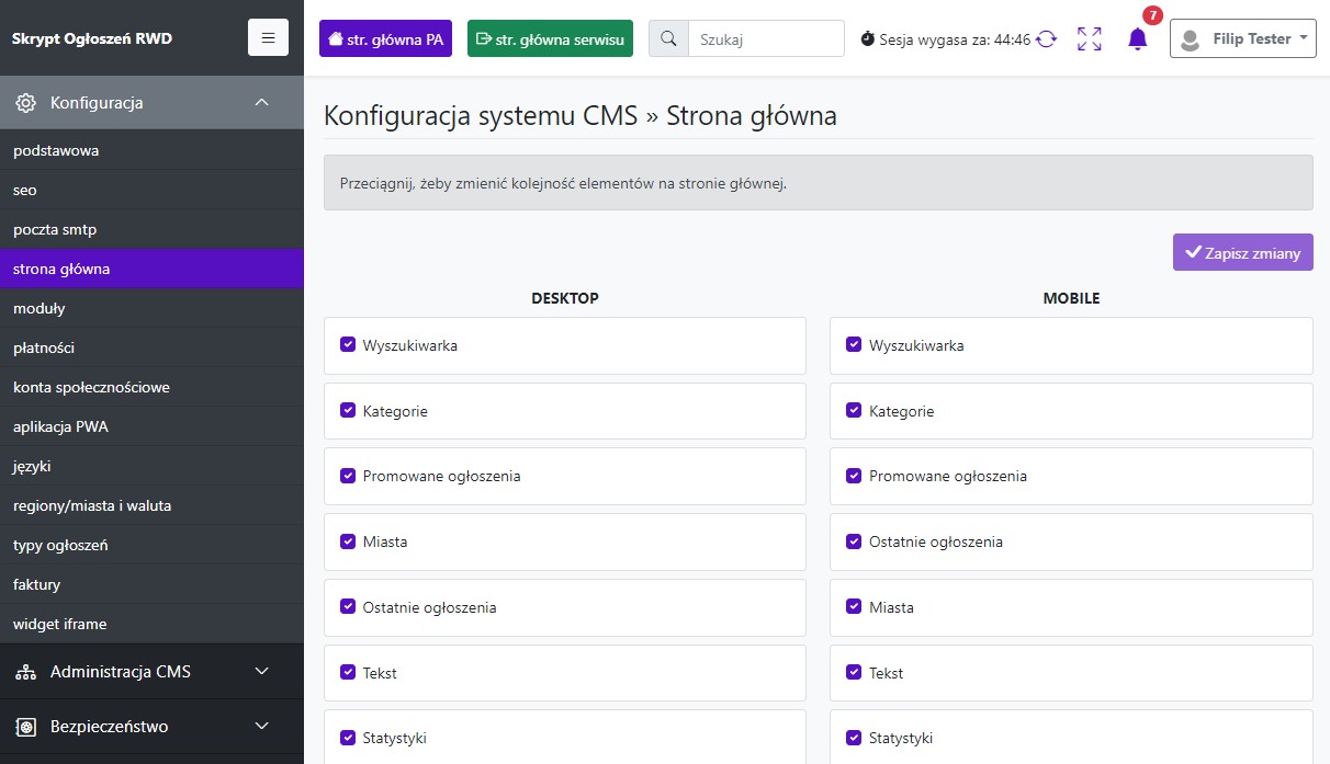 Wybierz moduły na stronę główną