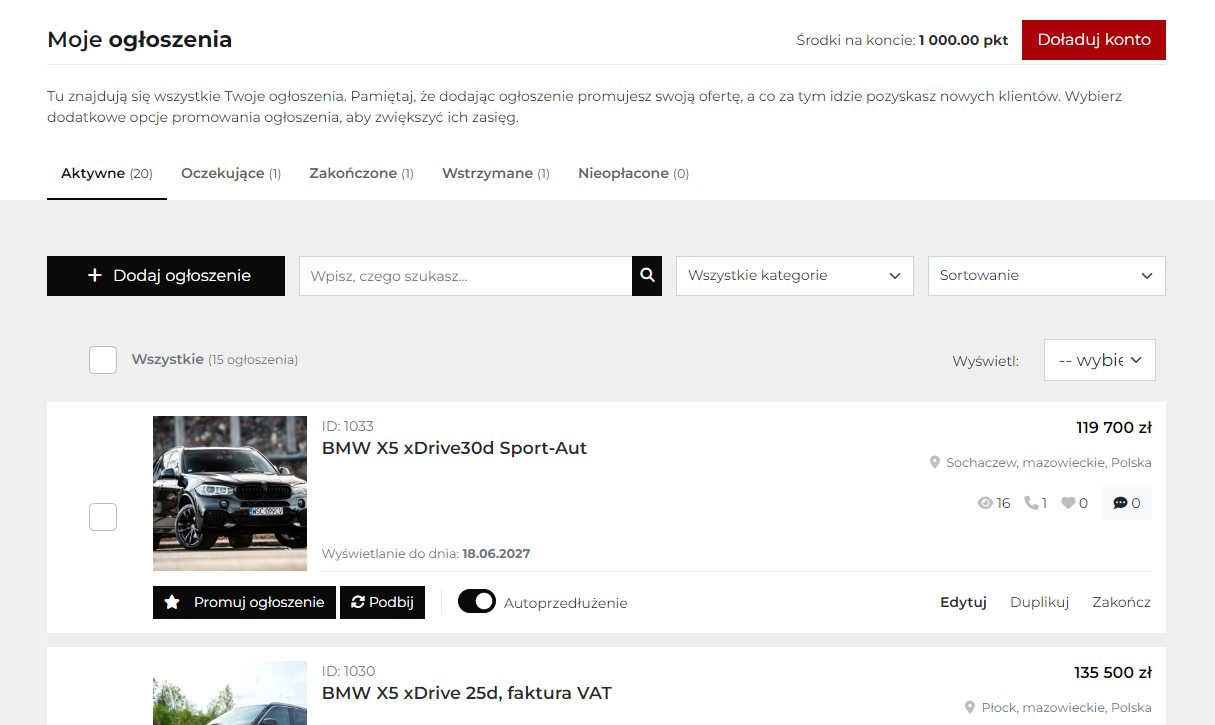 Funkcje po stronie  konta użytkownika: 